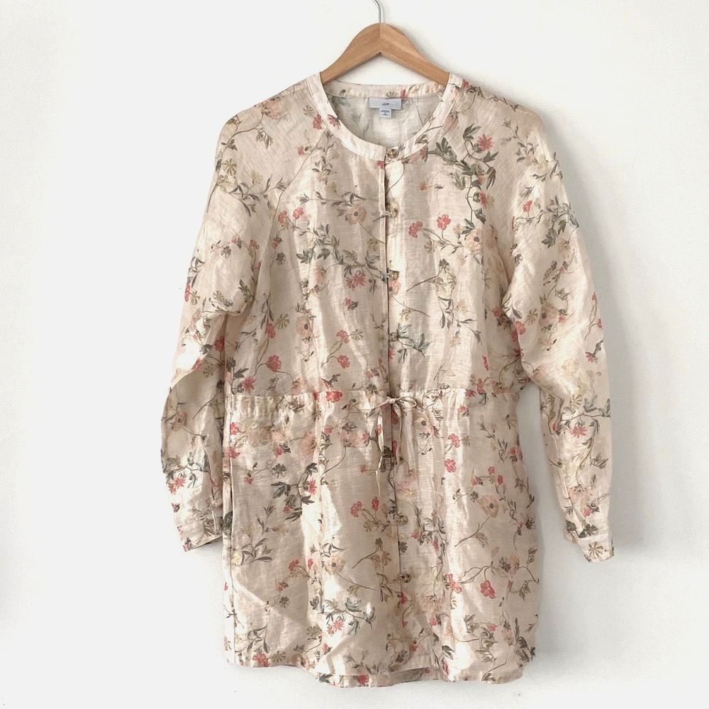 J. Jill Pink Floral on Cream Linen Blend Tunic Blouse Sz M Boho Cottage Coastal